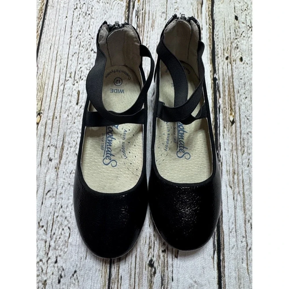 Footmates Girls Black‎ Leather Shoes Flats Size 12 Wide Strappy Straps Zip Back